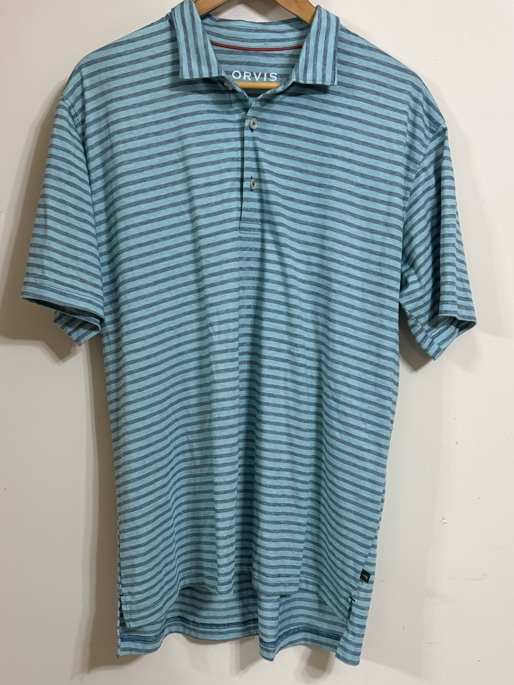 Orvis Light Blue and Teal Striped Polo